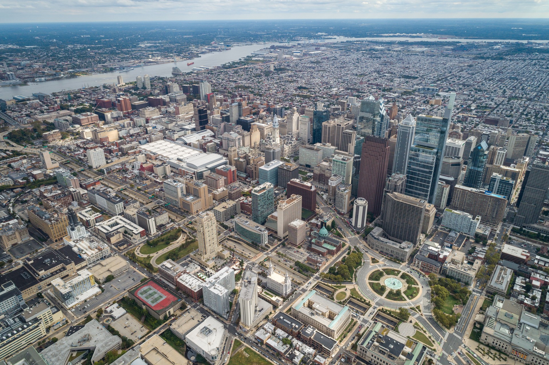 Top View of Downtown Skyline Philadelphia USA and City Hall. Philadelphia City Center, Pennsylvania. Business Financial District and Skyscrapers in Background.